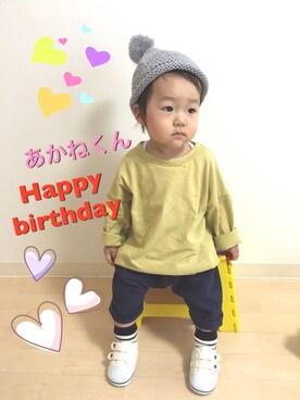 「リラックスパンツ」｜「アイテム（ニットキャップ/ビーニー）」を使った、☆SOUMA☺︎さん（キッズ・70cm）の秋コーディネート