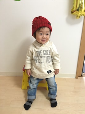 「ボーダーソックス」｜「アイテム（ニットキャップ/ビーニー）」を使った、☆SOUMA☺︎さん（キッズ・70cm）の秋コーディネート