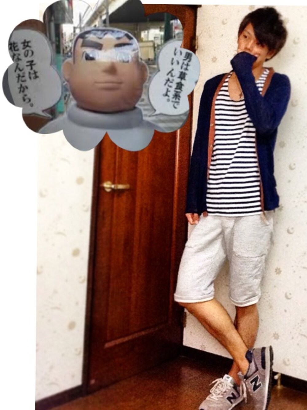 「カーディガン、ボーダー、GAP、膝上ショーツ、誰かの真似スタイル、草食系男子、久しぶりに着た服、きれいなジャイアン、ロールキャベツ男子になりたい」｜「GAPのアイテム（Tシャツ/カットソー、グレー系）」を使った、yyyさん（メンズ・177cm）の夏コーディネートの1枚目の写真