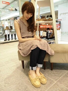 「AMIMOC（アミモック）のアイテム（モカシン/デッキシューズ）」を使った、Sallyさん（レディース・162cm）の夏コーディネート