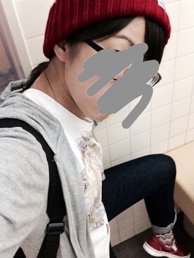 「Healthknit（ヘルスニット）のニット帽（ニットキャップ/ビーニー、レッド系）」を使った、メガネさん（レディース・158cm）の夏コーディネート