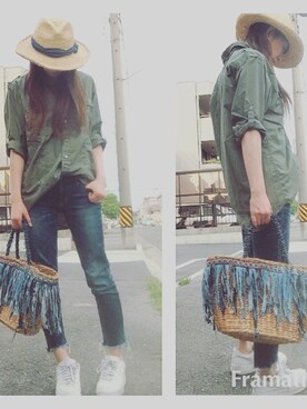 「Ungrid（アングリッド）のインディゴフレイドヘムストスリ（デニムパンツ）」を使った、KUMIさん（レディース・163cm）の春コーディネート