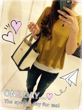 「GLOBAL WORK（グローバルワーク）のアイテム（ニット/セーター、イエロー系）」を使った、Tomomi❤︎さん（レディース・165cm）の秋コーディネート