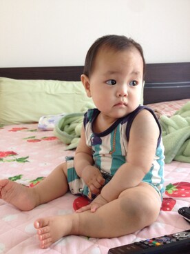 「アイテム（つなぎ/オールインワン、グリーン系）」を使った、はなはあとさん（キッズ・70cm）の夏コーディネート