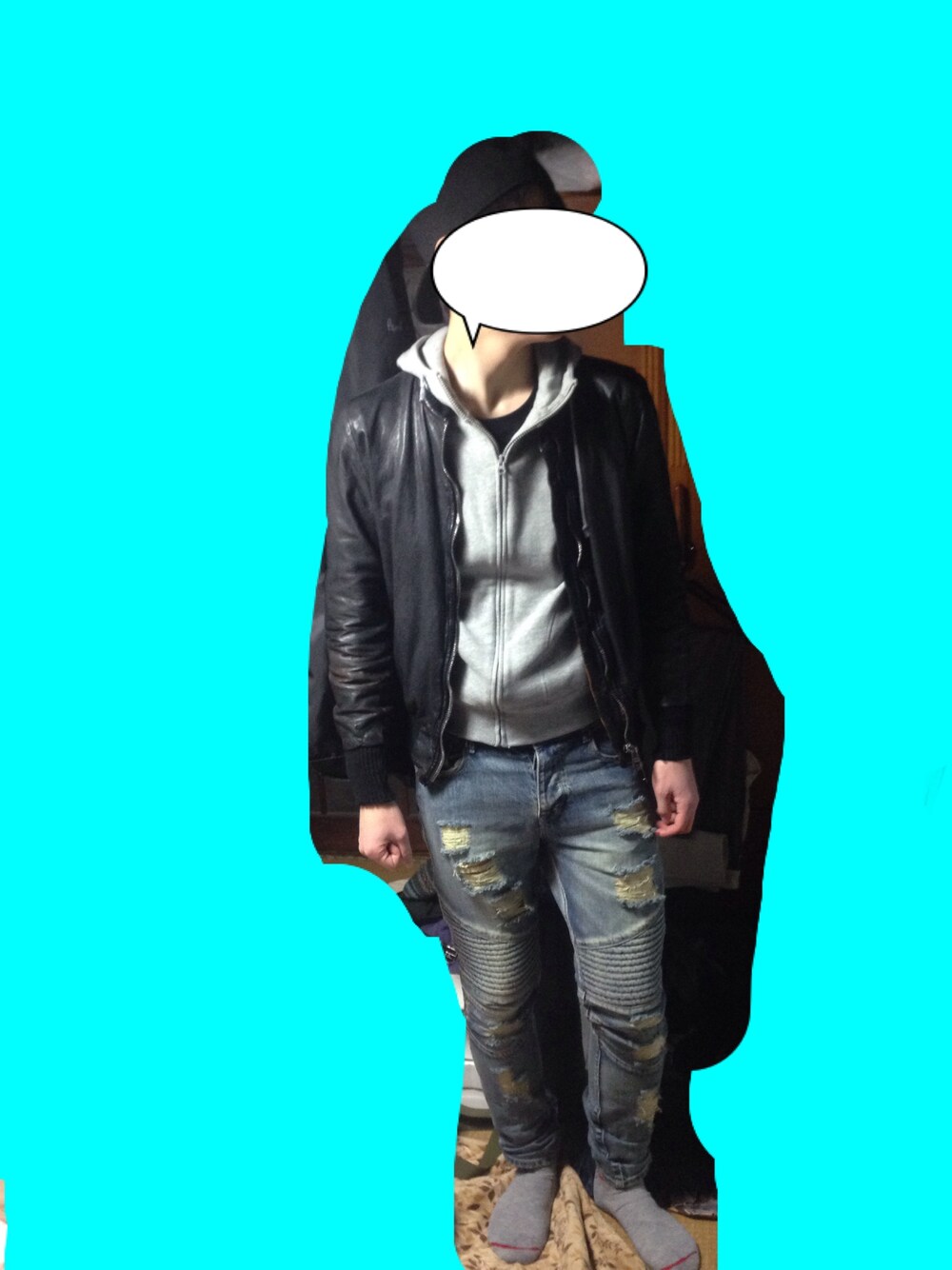 「ストリート、レザージャケット、パーカー、キャップ、stampd'LA、STAMPD、デニムパンツ」｜「GIORGIO BRATOのアイテム（ライダースジャケット、ブラック系）」を使った、メジロマックイーン🐴さん（メンズ・176cm）の冬コーディネートの1枚目の写真