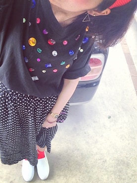 「no brand（ノーブランド）のアイテム（Tシャツ/カットソー、ブラック系）」を使った、noripyさん（レディース・160cm）の夏コーディネート