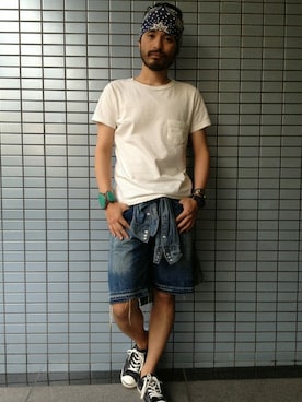 「BEAMS PLUS（ビームスプラス）のアイテム（Tシャツ/カットソー）」を使った、tsuntsunさん（メンズ・170cm）の夏コーディネート