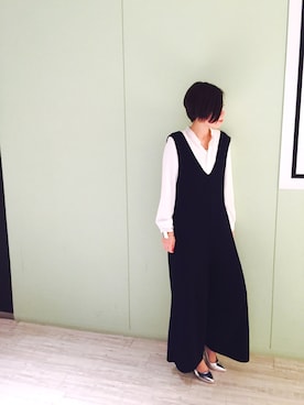 「ROPE' PICNIC（ロペピクニック）のVネックルーズシルエットオールインワン（つなぎ/オールインワン、ブルー系）」を使った、Ryuuさん（レディース・160cm）の冬コーディネート