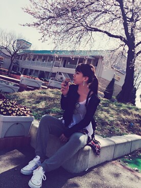 「スウエットパンツ」｜「アイテム（ブルゾン）」を使った、miyukiさん（レディース・157cm）の春コーディネート
