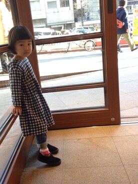 「Handmade（ハンドメイド）のアイテム（ワンピース、ブルー系）」を使った、ぽんちゅうさん（キッズ・110cm）の冬コーディネート