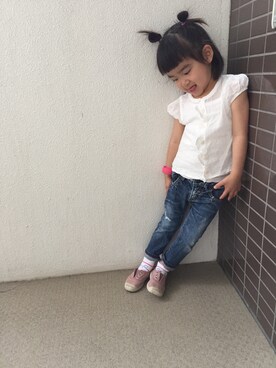 「SWAP MEET MARKET（スワップミートマーケット）のアイテム（Tシャツ/カットソー、ホワイト系）」を使った、ぽんちゅうさん（キッズ・110cm）の夏コーディネート