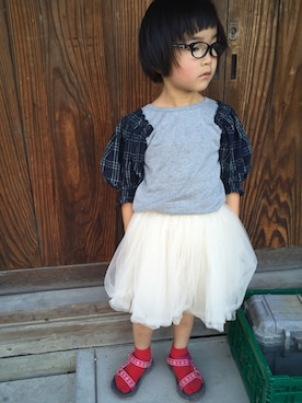 「SWAP MEET MARKET（スワップミートマーケット）のアイテム（Tシャツ/カットソー、グレー系）」を使った、ぽんちゅうさん（キッズ・110cm）の夏コーディネート