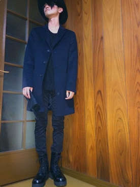 「ツバ広ハット」｜「アイテム（ピーコート）」を使った、わっきーさん（メンズ・172cm）の冬コーディネート