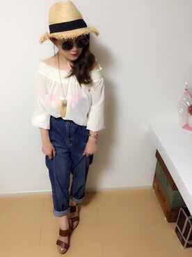 「COCO DEAL（ココディール）のアイテム（シャツ/ブラウス、ホワイト系）」を使った、なーりーさん（レディース・146cm）の夏コーディネート