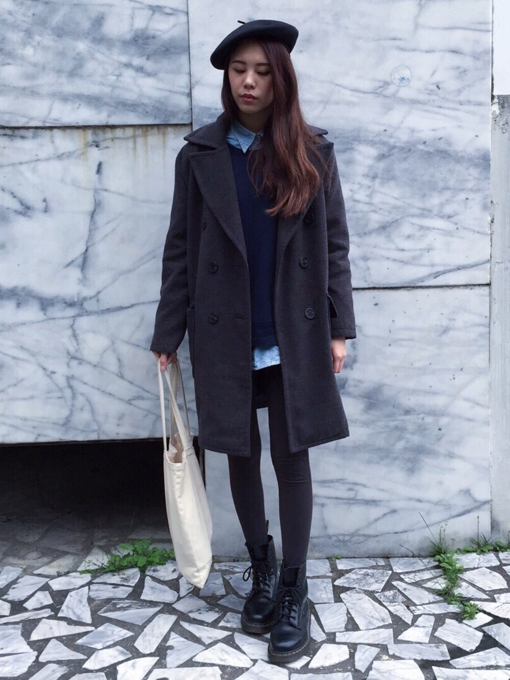 「UNIQLO、Calvin Klein PLATINUM(Calvin Klein PLATINUM)、Dr.Martens、GU、Taiwan、TAIPEI」｜「GUの（GU）ＷＯＭＥＮベレーキャップ（帽子、ブラック系）」を使った、Mimi Tsaiさん（レディース・159cm）の春コーディネートの1枚目の写真