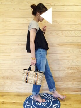 「niko and...（ニコアンド）のオリジナル ミニラインテープカゴバッグ【niko and...】（かごバッグ）」を使った、ayumiさん（レディース・154cm）の夏コーディネート