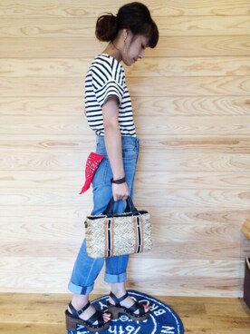 「niko and...（ニコアンド）のオリジナル ミニラインテープカゴバッグ【niko and...】（かごバッグ）」を使った、ayumiさん（レディース・154cm）の夏コーディネート