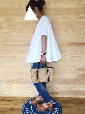 「niko and...（ニコアンド）のオリジナル ミニラインテープカゴバッグ【niko and...】（かごバッグ）」を使った、ayumiさん（レディース・154cm）の夏コーディネート