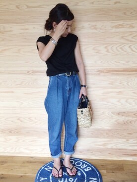 「niko and...（ニコアンド）のオリジナル ミニラインテープカゴバッグ【niko and...】（かごバッグ）」を使った、ayumiさん（レディース・154cm）の夏コーディネート