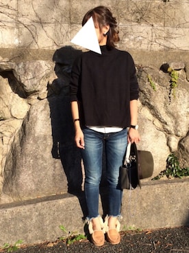 「Ungrid（アングリッド）のインディゴフレイドヘムストスリ（デニムパンツ）」を使った、ayumiさん（レディース・154cm）の秋コーディネート