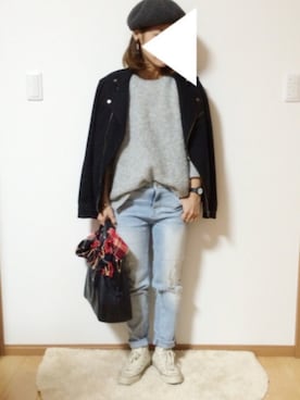 「Design Tshirts Store graniph（デザイン　ティーシャツ　ストア　グラニフ）のアイテム（ライダースジャケット）」を使った、ayumiさん（レディース・154cm）の秋コーディネート