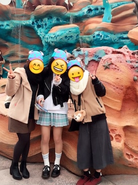 「disney」｜「アイテム（ライダースジャケット）」を使った、国宝さん（レディース・157cm）の冬コーディネート