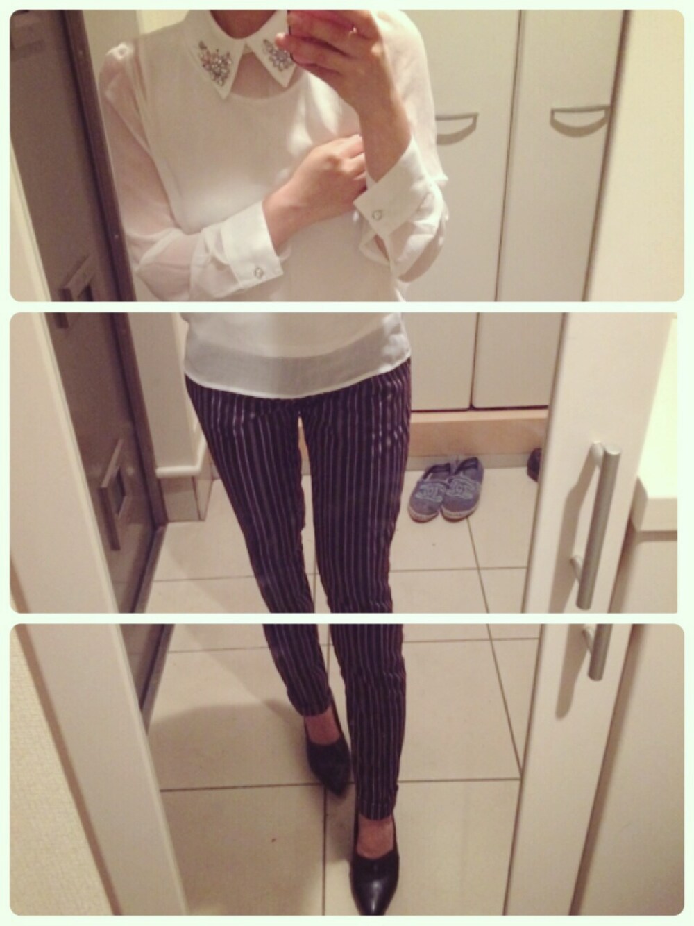 「reefur、シースルー、TODAYFUL、MAISON DE REEFUR」｜「MAISON DE REEFURのビジューシャツ（シャツ/ブラウス、ホワイト系）」を使った、myj♡さん（レディース・158cm）の春コーディネートの1枚目の写真