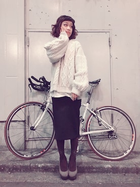 「アイテム（タイツ/ストッキング、ブルー系）」を使った、Grimoire 小川かおりさん（レディース・157cm）の冬コーディネート