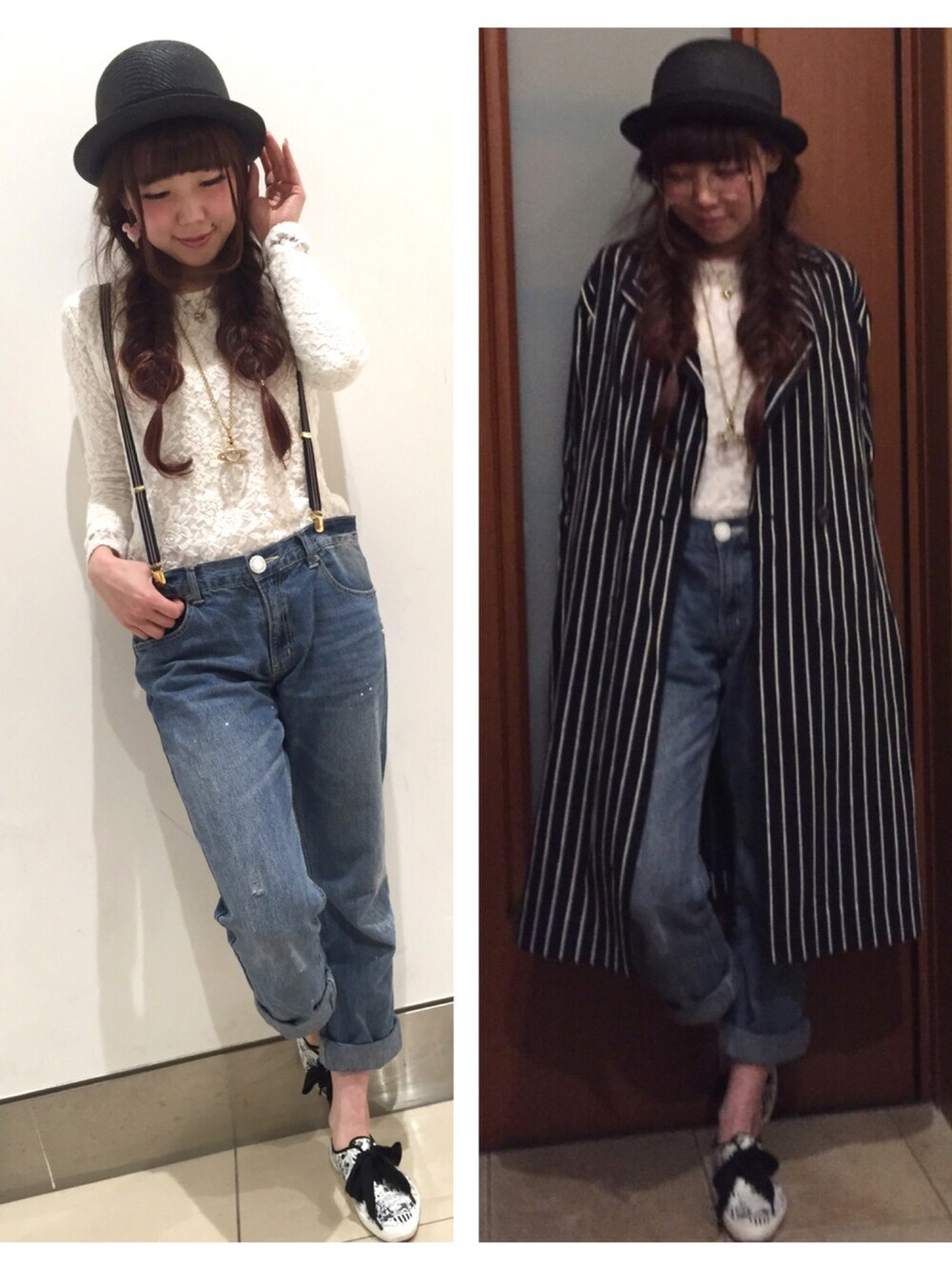「デニム、デニムパンツ、オトナカジュアル、春コーデ、ジーンズ、ジーユー、ストライプ、マニッシュ、レトロ」｜「polcadotのアイテム（ハット、ブラック系）」を使った、yokoさん（レディース・158cm）の春コーディネートの1枚目の写真