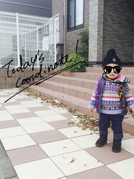 「abcd（ナシ）のアイテム（ダウンベスト）」を使った、___ayk。さん（キッズ・80cm）の冬コーディネート