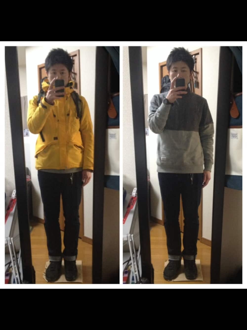 「マウンテンパーカー、スウェット、デニム、ボタンダウンシャツ、バックパック、カラビナ」｜「QUENCHLOUDの60/40 CYCLING MOUNTAIN PARKA（マウンテンパーカー、イエロー系）」を使った、イガラムさん（メンズ・178cm）の冬コーディネートの1枚目の写真
