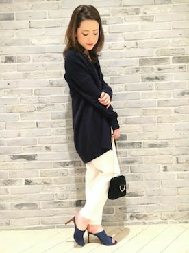 「ネイビー×ホワイト」｜Noble天神ビオロ店スタッフさん（レディース・163cm）の冬コーディネート