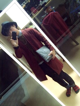 「HARE（ハレ）のノーカラーコート(HARE)（チェスターコート、レッド系）」を使った、Masa.kさん（メンズ・175cm）の秋コーディネート