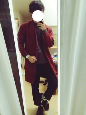 「HARE（ハレ）のノーカラーコート(HARE)（チェスターコート、レッド系）」を使った、Masa.kさん（メンズ・175cm）の秋コーディネート