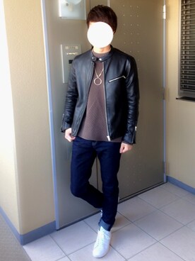 「WOmB（ウーム）のアイテム（ライダースジャケット、ブラック系）」を使った、Masa.kさん（メンズ・175cm）の秋コーディネート