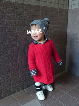 「FITH（フィス）のアイテム（ニットキャップ/ビーニー）」を使った、noko_pukuさん（キッズ・70cm）の冬コーディネート