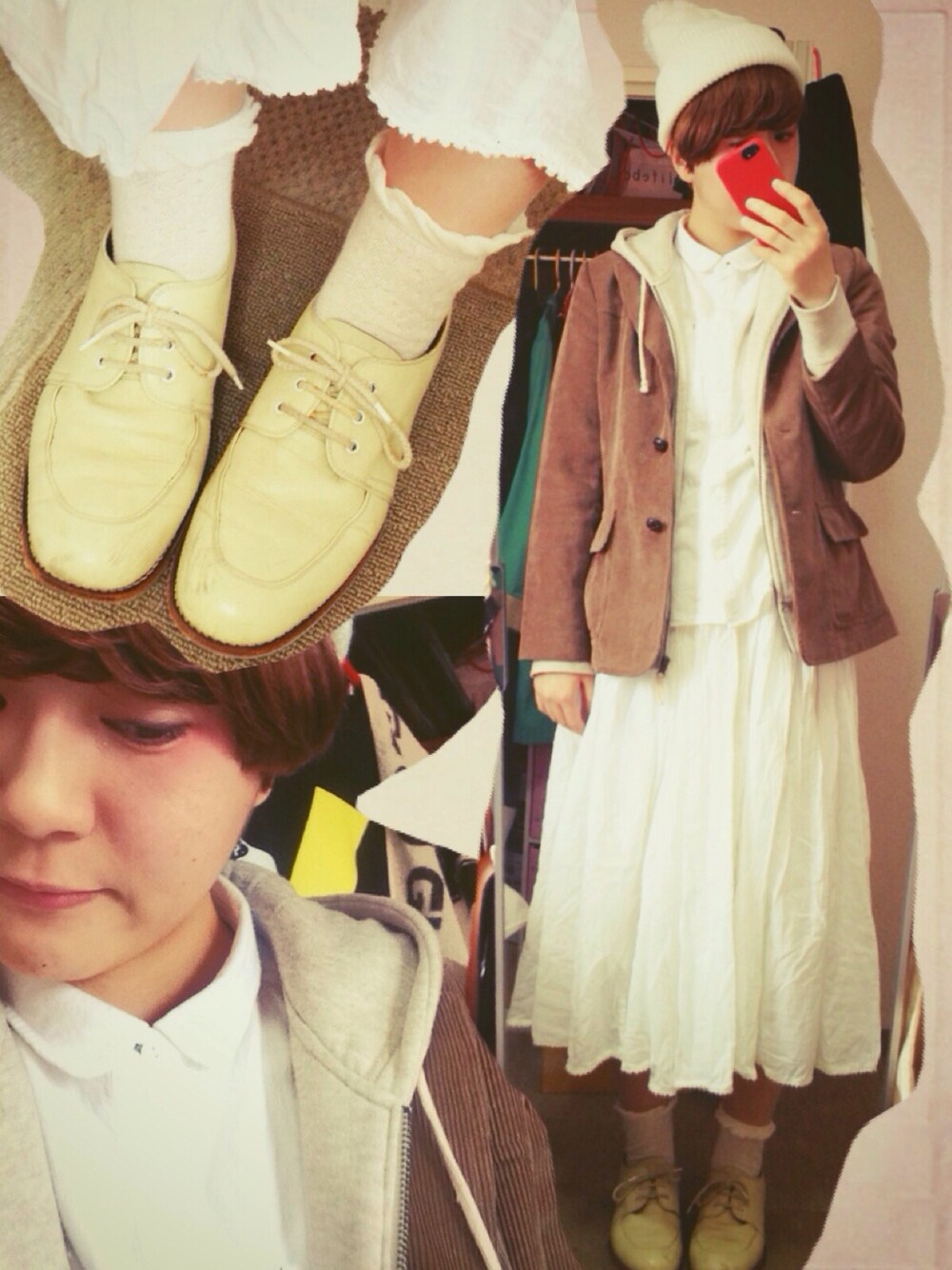 ブラウン系のカバーオール、ホワイト系のシャツ/ブラウス、ホワイト系のパーカーを着用したレディースの春コーディネートの1枚目の写真