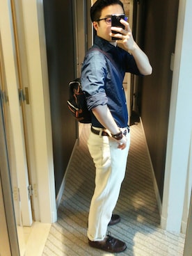 「アイテム（ボディバッグ/ウエストポーチ、ブルー系）」を使った、pattern&solidさん（メンズ・170cm）の春コーディネート