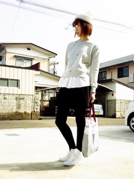 「パールアクセ」｜「アイテム（ニットキャップ/ビーニー）」を使った、めんめさんさん（レディース・163cm）の春コーディネート