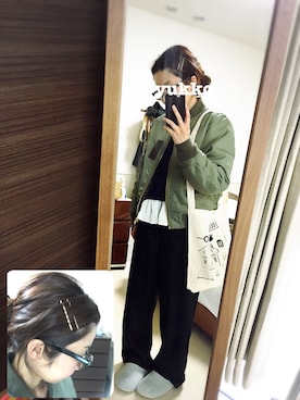 「ヘアアレンジ」｜「アイテム（MA-1）」を使った、yukkoさん（レディース・150cm）の冬コーディネート