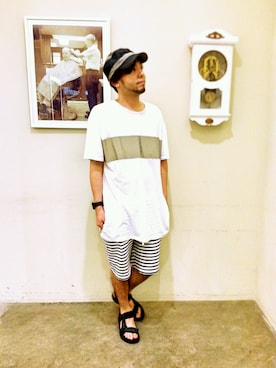 「ABAHOUSE（アバハウス）のﾊﾟｲﾙﾎﾞｰﾀﾞｰｼｮｰﾄﾊﾟﾝﾂ（Pants、ホワイト系）」を使った、ラララレレレさん（メンズ・176cm）の夏コーディネート