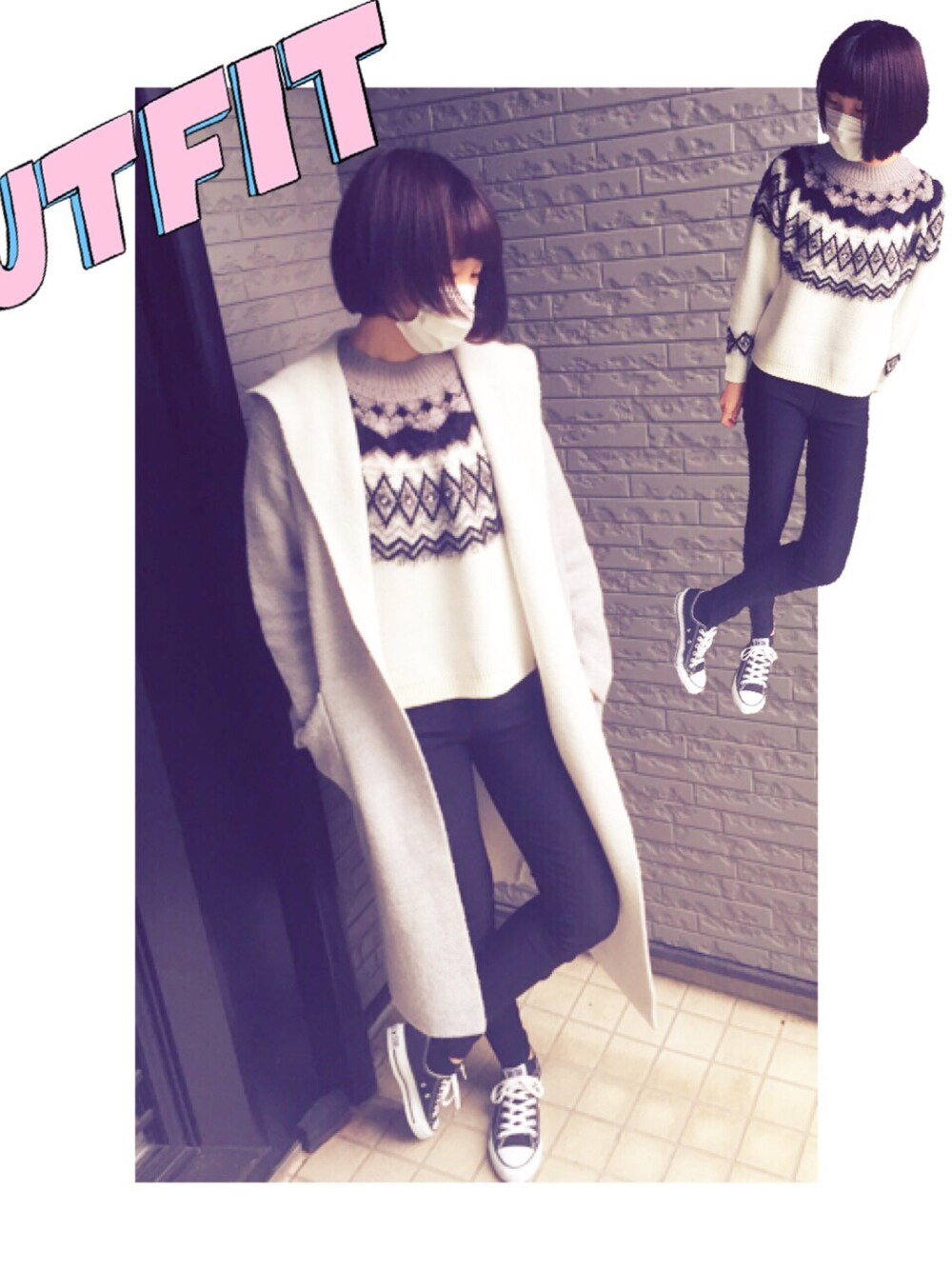 ホワイト系のニット/セーター、ブラック系のその他パンツ、グレー系のニット/セーターを着用したレディースの秋コーディネートの1枚目の写真