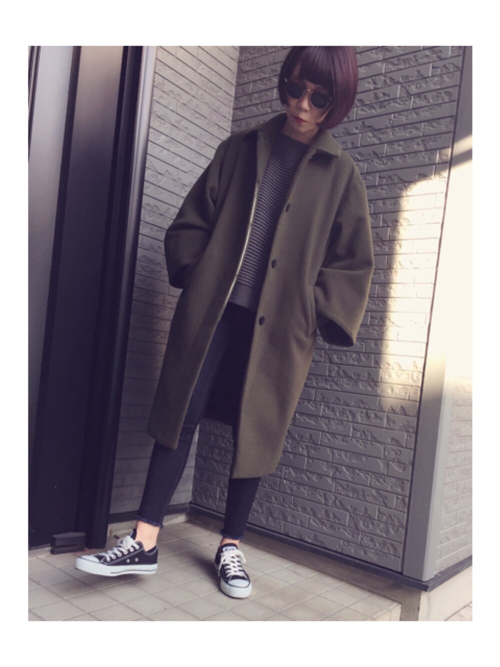「ootd、outfit、murua、moussy、converse、fashion」｜「MURUAの【FEMININE】ﾓｯｻｳｰﾙｽﾃﾝｶﾗｰCT（ステンカラーコート、グリーン系）」を使った、AKANEさん（レディース・161cm）の冬コーディネートの1枚目の写真