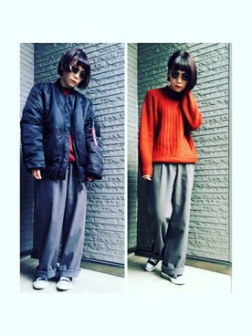 「EMODA」｜「アイテム（MA-1）」を使った、AKANEさん（レディース・161cm）の冬コーディネート