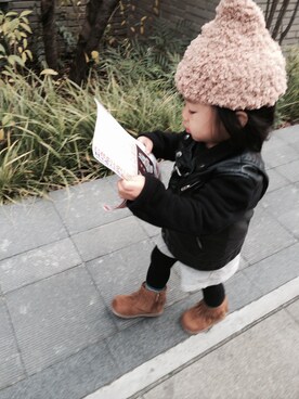 「アイテム（ライダースジャケット）」を使った、umaaaaさん（キッズ・90cm）の冬コーディネート