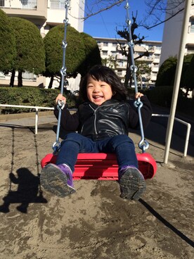 「アイテム（ライダースジャケット）」を使った、umaaaaさん（キッズ・90cm）の冬コーディネート