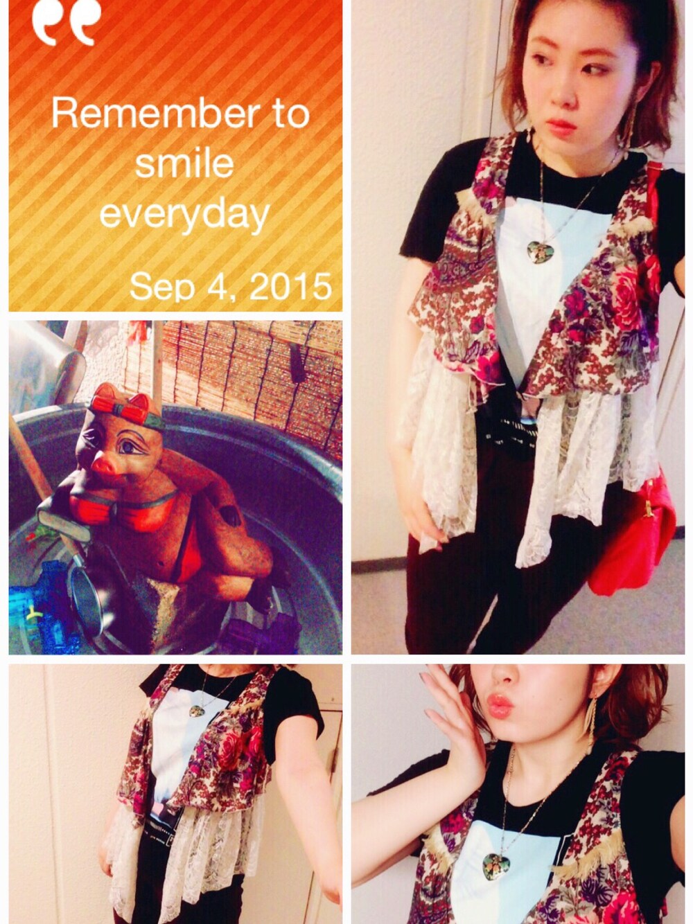 レッド系のベスト、ブラック系のTシャツ/カットソー、レッド系のパンツを着用したレディースの秋コーディネートの1枚目の写真