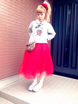 「ボリュームチュールスカート / used（スカート、レッド系）」を使った、riさん（レディース・152cm）の春コーディネート