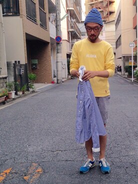 「アイテム（イエロー系）」を使った、H.KINOSHITAさん（メンズ・171cm）の夏コーディネート