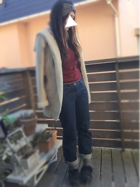 「クルーネック」｜「アイテム（ムートンコート）」を使った、リンゴさん（レディース・161cm）の冬コーディネート